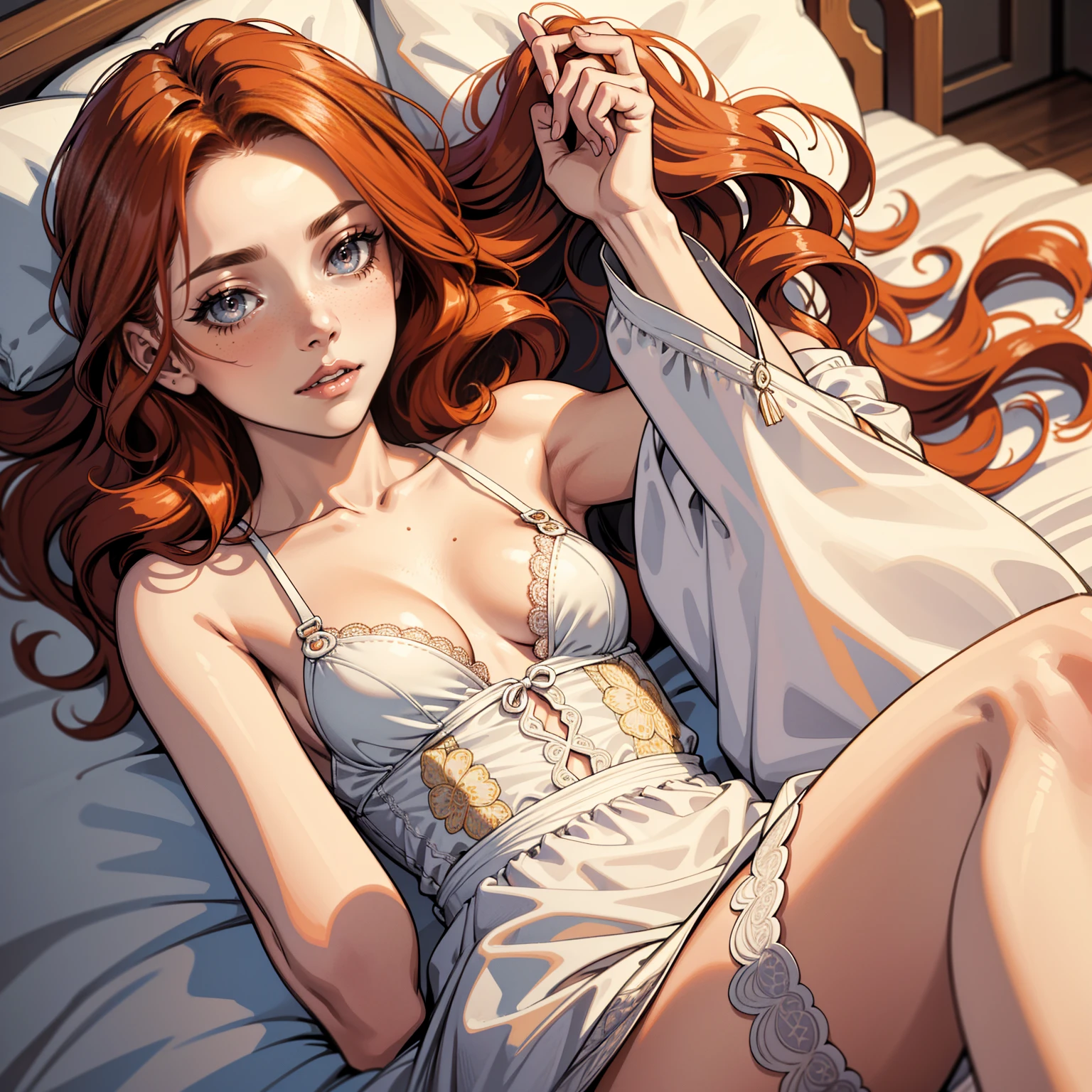 Masterpiece, Ultra extremely detailed, Insanely Definition - quality, 8k, (vibrant colors,vibrant theme), (intricate), full body , NSFW, Hair , 1girl in, age19, Solo, Aesthetic artwork, irish redhead, curly ginger hair, shoulder length ginger hair, gray eyes, light grey eyes, some small freckles, pale skin, A-cup, small breasts, runners body, detailed skin texture, laying down, laying in bed, lying on back, lying down across bed, (extremely detailed 8k wallpaper), soft lighting, high quality, film grain, Fujifilm XT3 sharp focus, f 5.6, 50mm, High Detail, Sharp focus,(natural light), in a light colored dress. A white sundress, floral pattern sundress, crazy details, complex details, hyperdetailed