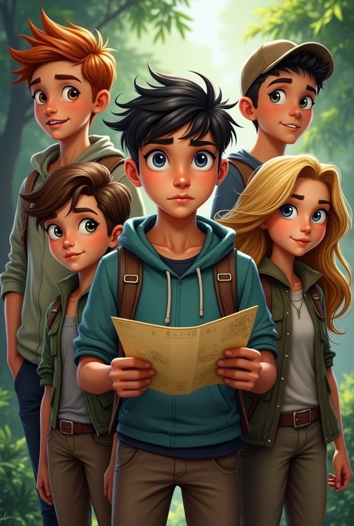 Miguel, a 17-year-old redhead with green eyes. Lucas, a 17-year-old teenager with black hair, fair skin and blue eyes, holding a map. Tomas, a 17-year-old blond teenager with blue eyes. Raquel, a 1 teenager with brown, wavy hair and honey-colored eyes. Clara, a teenager with blond hair and green eyes.
 

