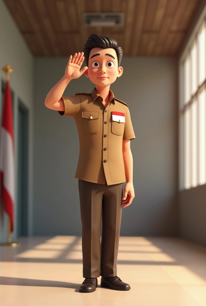 make 3D animated images. A 2 district civil servant wearing a light brown shirt and light brown trousers and wearing an Indonesian flag, with a respectful hand position🫡