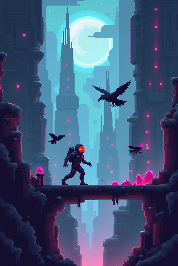 photo of an 8*8 pixel 2D video game with a side camera. Futuristic look of spaceships, spawn enemies like shadow demons, light shadow demon and flying crows. The character will have a stylish astronaut look. There will be obstacles and gaps, enemies standing guard and gems to collect.