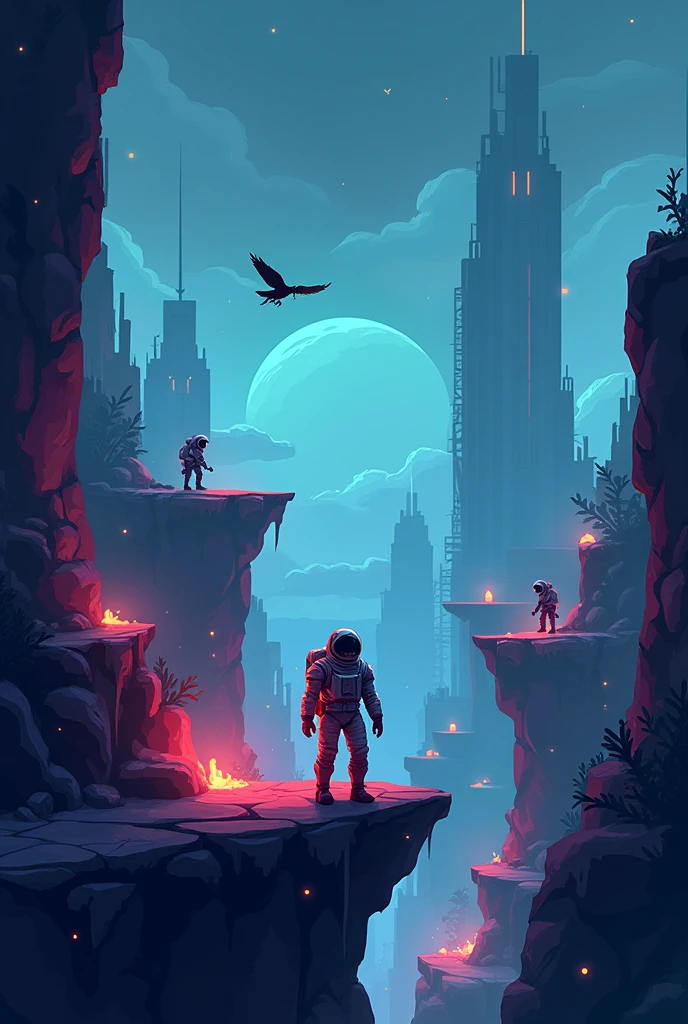 photo of an 8*8 pixel 2D video game with a side camera. Futuristic look of spaceships, spawn enemies like shadow demons, light shadow demon and flying crows. The character will have a stylish astronaut look. There will be obstacles and gaps, enemies standing guard and gems to collect.