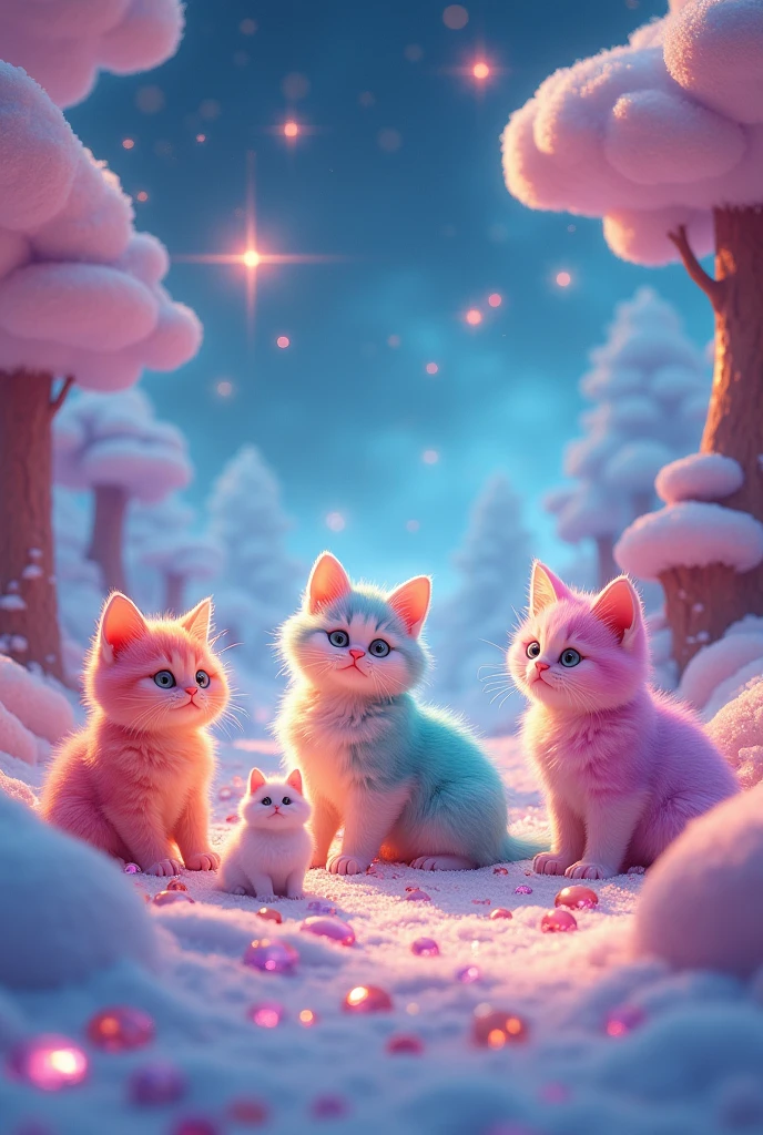 Many cute cats、(Fluorescent Color:1.4)、(translucent:1.4)、(Retro filter:1.4)、(fantasy:1.4)、Candy world Disneyland Fantasy fluffy soft scenery forest snow avatar Pastel pink sky green blue glow Dreamy light Pastel soft glow Rainbow stars Diamond glitter Gemstone background Ultra realistic ultra high quality movie lighting Huge details Full HD Full light、
