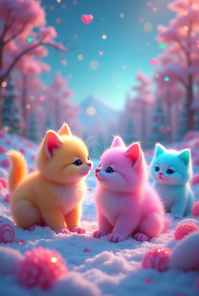 Many cute cats、(Fluorescent Color:1.4)、(translucent:1.4)、(Retro filter:1.4)、(fantasy:1.4)、Candy world Disneyland Fantasy fluffy soft scenery forest snow avatar Pastel pink sky green blue glow Dreamy light Pastel soft glow Rainbow stars Diamond glitter Gemstone background Ultra realistic ultra high quality movie lighting Huge details Full HD Full light、
