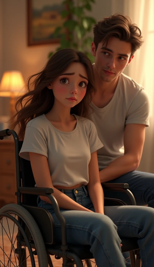 A sad georgous young woman with brown hair and white t-shirt and jeans setting on a wheelchair talking to her handsome boyfriend at home, pixar , cinematic masterpiece aesthetic, realistic 