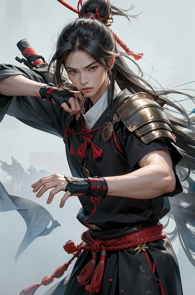cool, samurai, boy, long hair, samurai outfit, fighting, armor, light hair, watercolor ink style,