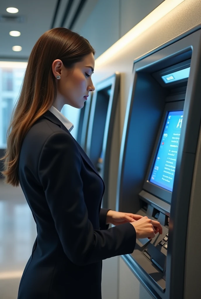 A woman withdrawing money from the atm

