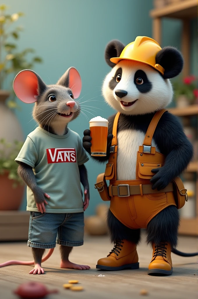 Mouse with a Vans shirt and an electrical engineer panda with a construction helmet and boot and a beer in his hand 