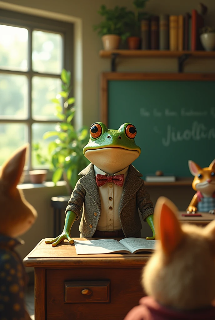 Retro Images,Storytelling,Tree frog,Ultra-realistic,high resolution,Frog is an elementary school teacher