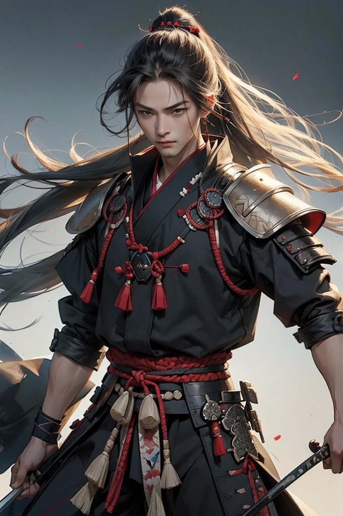 cool, samurai, boy, long hair, samurai outfit, fighting, armor, light hair, watercolor ink style,