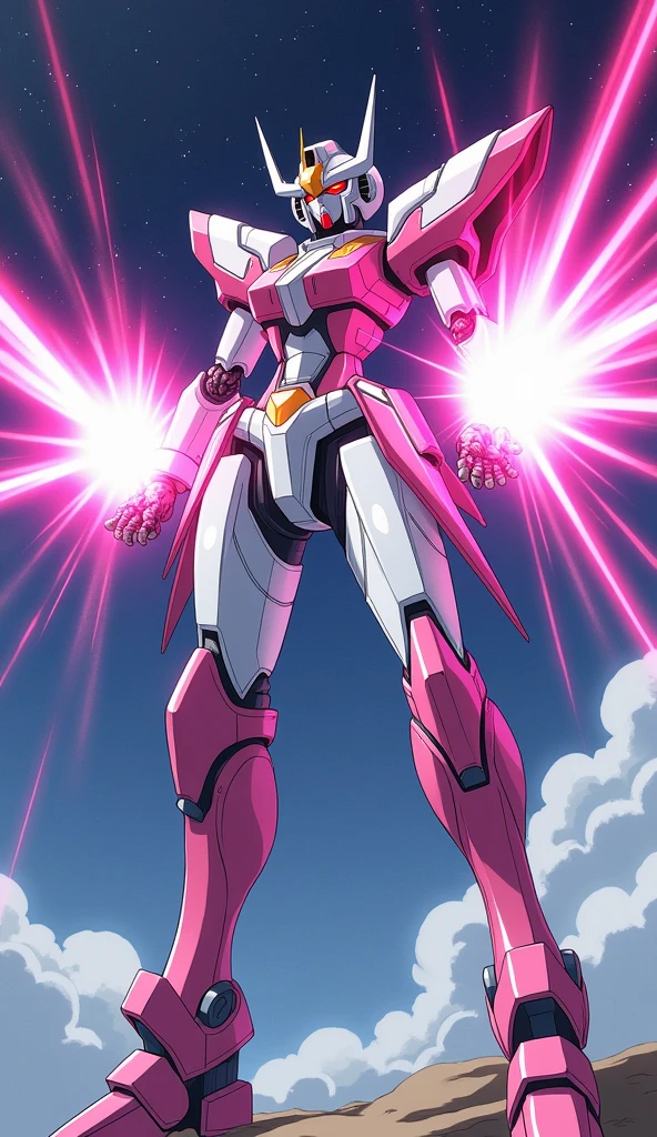 anime, Giant Robot, A dynamic full-body image of a white and pink female super robot fighting with lasers coming out of her palms Simple Background,universe,