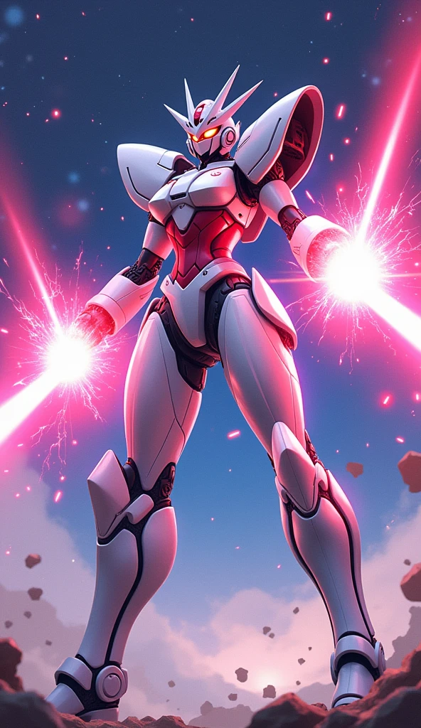 anime, Giant Robot, A dynamic full-body image of a white and pink female super robot fighting with lasers coming out of her palms Simple Background,universe,