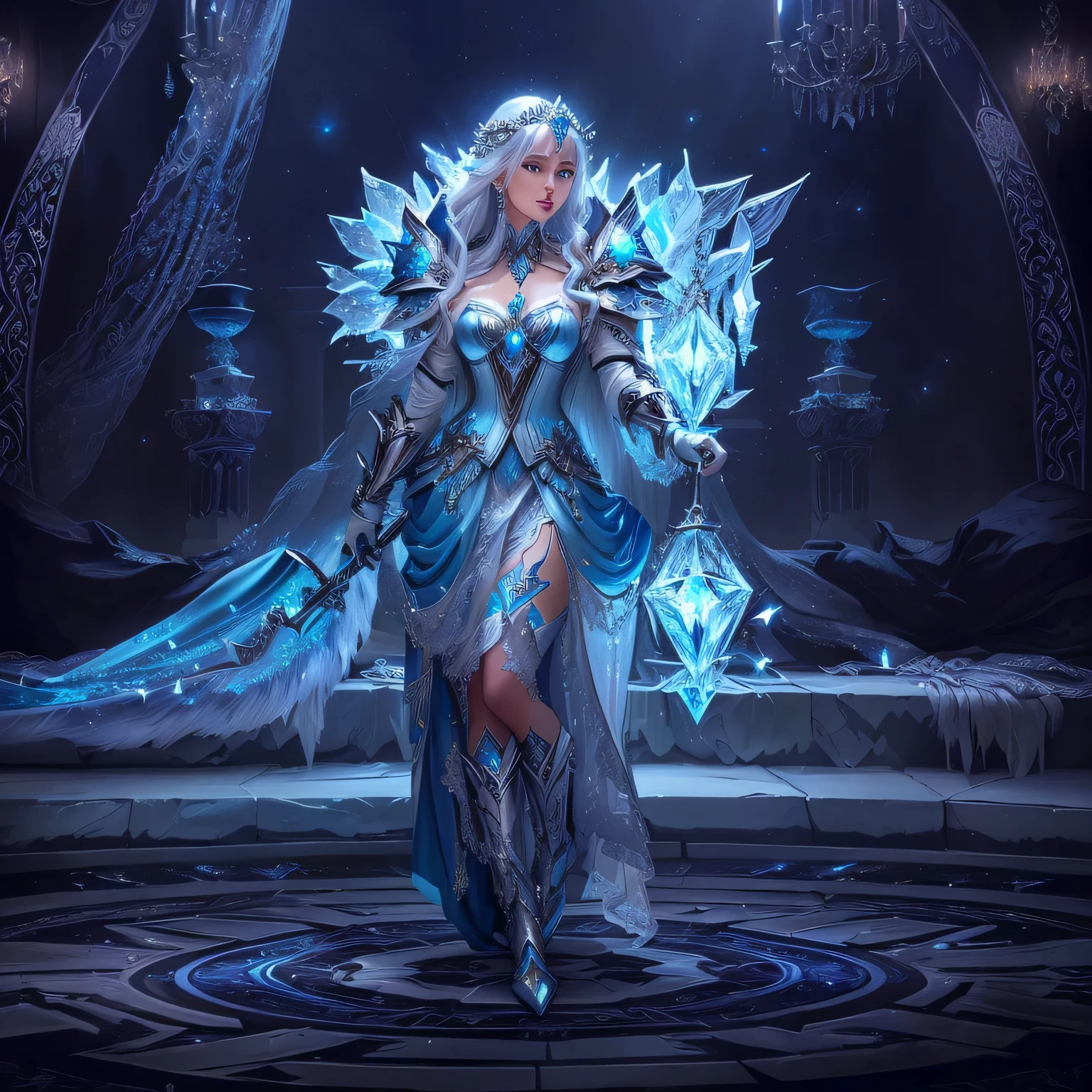 a close up of a woman with a sword in a room, ice sorceress, ice mage, beautiful ancient frost witch, clothed in ethereal battle satin silk shiny armor, ice crystal armor, world of warcraft art style, clothed in ethereal armor, painted in the style arcane, crystal maiden, pale blue armor, full portrait of elementalist, female mage, dressed in satin and silk clothes, silver diamond cyan metallic chain belt, silver white diamond boots with pointy heels, satin cyan blue white gloves with silver texture, satin open frontal wrap robe with random blue cyan white silver textures mixed, beautiful pretty cute symmetric face, short satin skirt with cyan silver white blue color mix, large cyan shiny sunglasses with diamond frame, white glowing halo overhead, white cyan silver angel feather wings, jewellery silver diamond earrings, rings, armbands, wristbands, necklaces, pendant, chocker, white cyan stockings with laces,