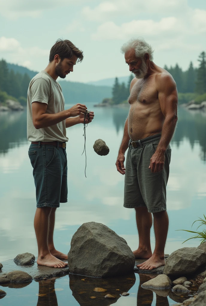 A boy aged 20 standing with shock face sewing big rock in Lake and beside him a old man standing with smile boy aged 22 old man with strong body throwing big rock in Lake