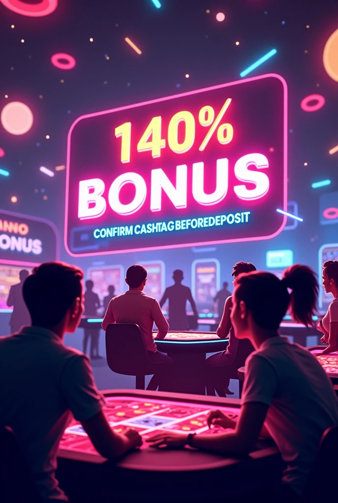 Create a picture related to online casino game and write 140% bonus and also write confirm cashtag before deposit on it