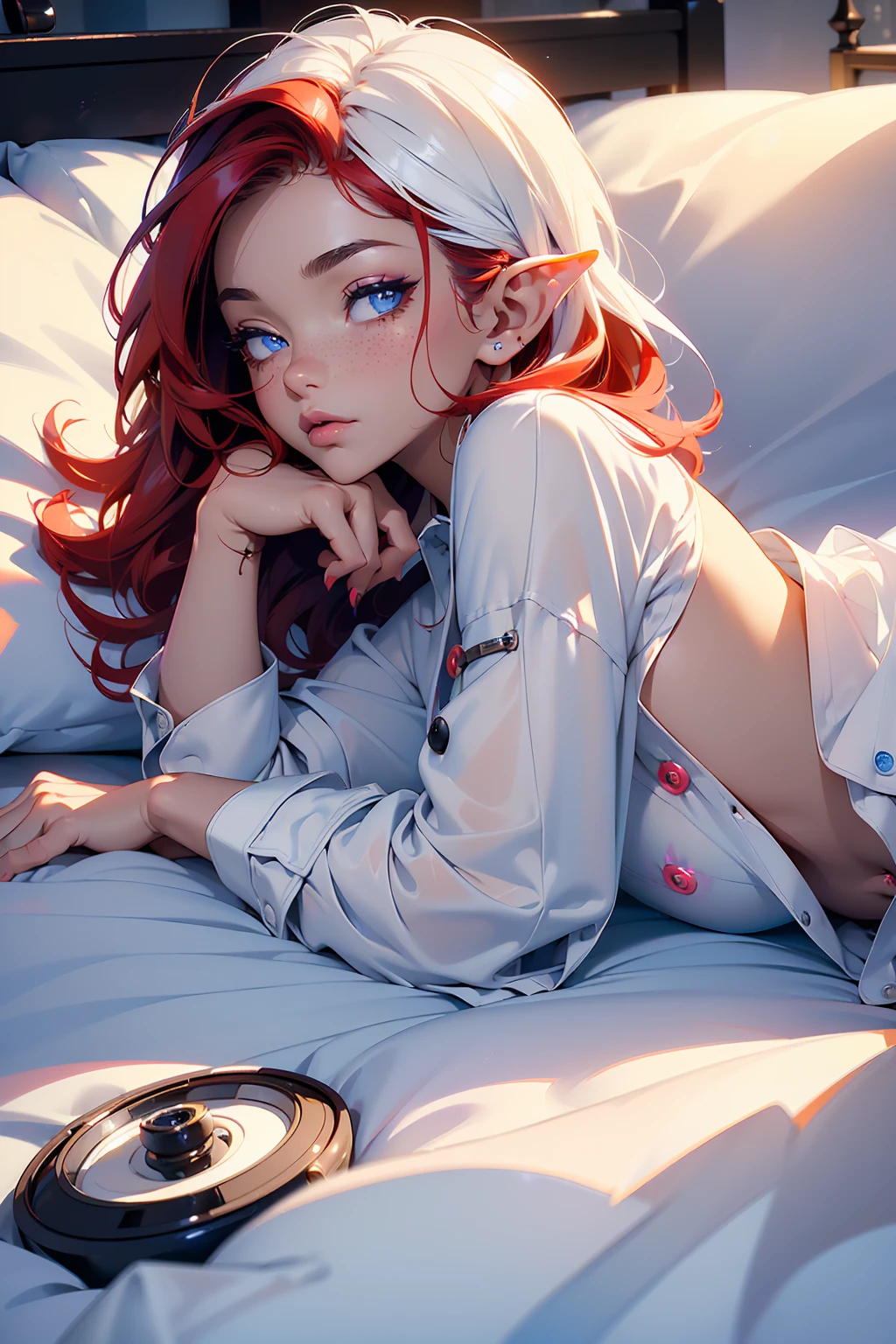 1girl, beautiful elf woman, ((Short Red Hair, Straight, has shine)) Blue eyes, double eyelids, light effect on eyes, detailed irises, beautiful curvy body, glasses, ((Loose White Button up shirt, Opaque: 1.5)), black choker, ((Black lace panties)), Bare feet, ((Work of art, hyper-realistic, hyper detailed, Best Quality, 16k, light and shadow on skin, vivid colors)), ((laying down in bed on stomach asleep eyes half open watching viewer sleep: 1.5)), Lustful Expression, perfect lips, sexy mature face, lots of freckles all over body, full pouty lips, extreme blush, sensual smile, ((Night)), moonlit sky, Flirting with viewer, Flirty Lewd Smile, ((Large Breasts: 1.0)) ((Full Angle Shot)), ((Side View))