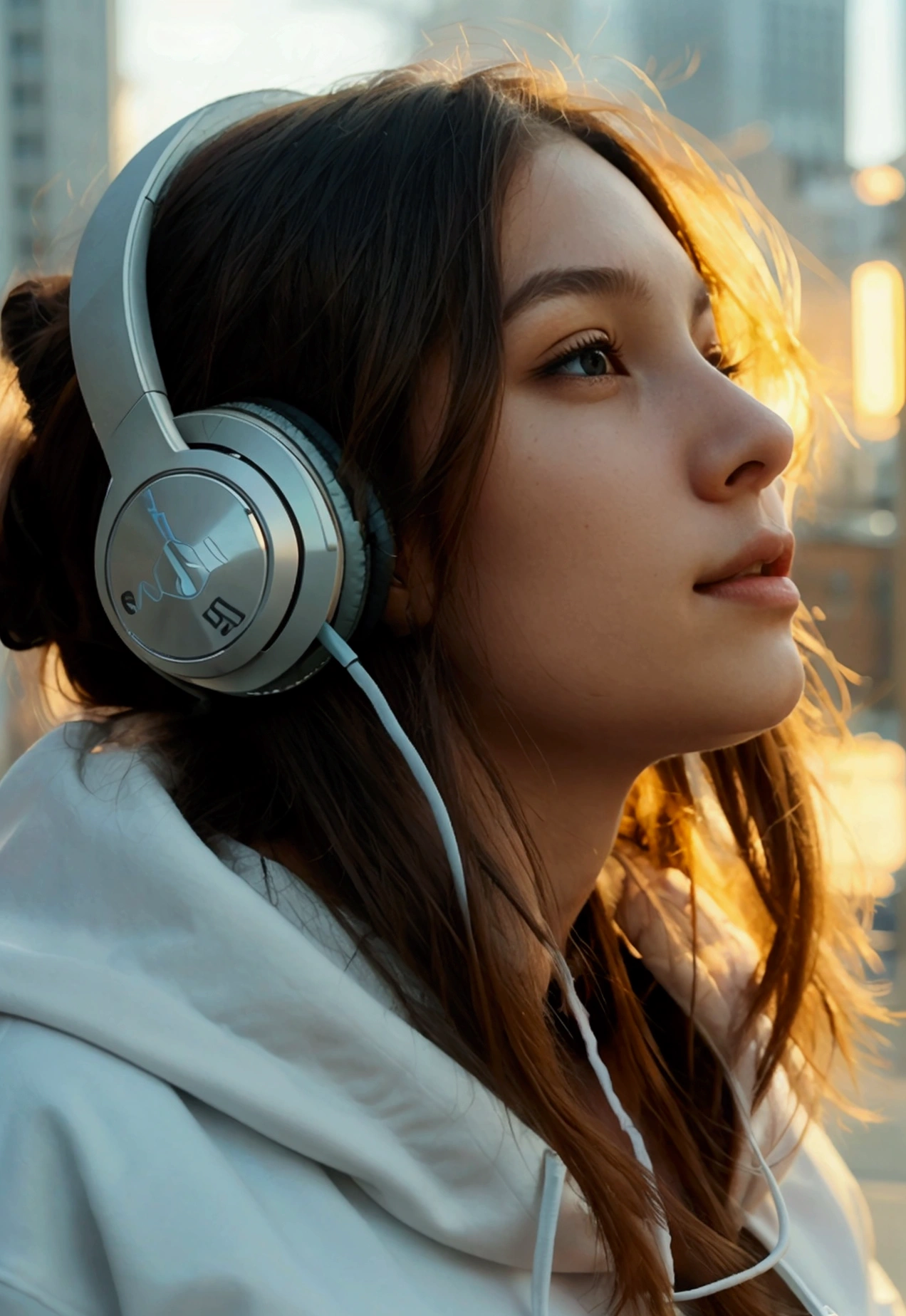 A girl listening to music with headphones, face and neck shot.With an aesthetic and modern sweatshirt.Very realistic like a photo.city background.super real