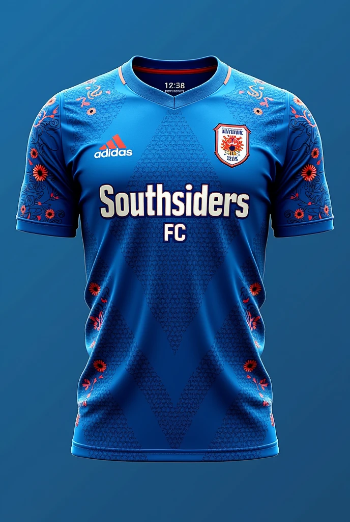 Football jersey in blue color shades as primary color with details of nepali culture and club name in he bcck side of the jersey in the bottom centre just below the kit num as "SOUTHSIDERS FC" in high quality.