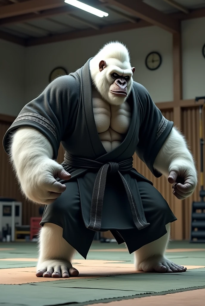 make a white gorilla, with a black kimono, with a black belt, fighting jiujitsu in a gym