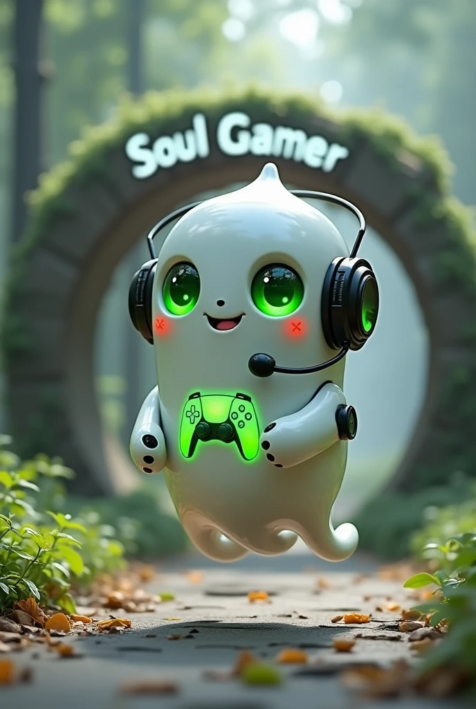 Create a medium-sized robot pet with a ghost-like appearance. With slightly rounded shapes resembling a drop. On your hands you have well defined fingers. His facial expression has large, green eyes with a glow, conveying a friendly and cheerful expression. He has a small open mouth with a happy smile and flushed cheeks.. Its body is white with small green details and a smooth, slightly shiny texture.. He has a headset on his head with an adjustable microphone positioned close to his mouth.. And on his chest you can see the illuminated shape of a Playstation 5 controller in fluorescent green.. It floats in the air, as if he were ready for an adventure. Behind the character you can see a portal and on it is written "Soul Gamer"
