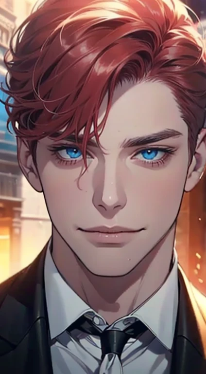 a mature man with short grey red hair, blue eyes, 31 years, and a perfect face, smiling in love, CEO, cinematic lighting, 1:4 HDR image, top view, ultra detailed, best quality, masterpiece, 8K, photorealistic, beautiful image