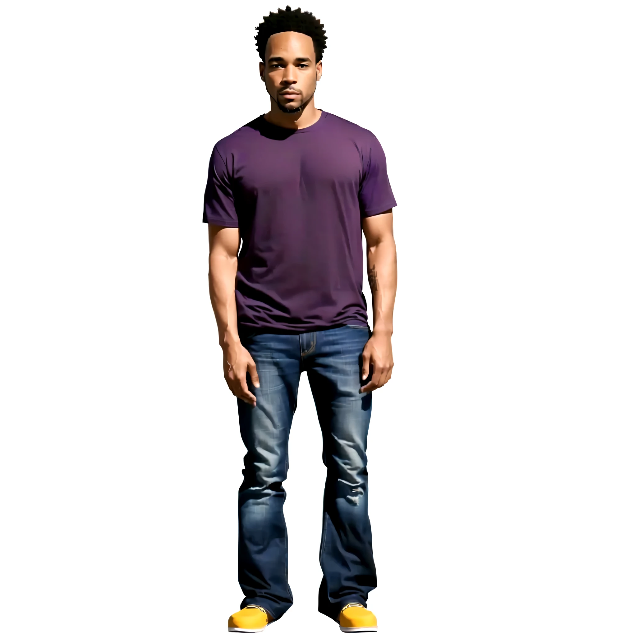 afroican man in a purple shirt and jeans standing in front of a black background, ben harper with short hair, ben harper, full body picture, fully body portrait, full body portrait, full body character, fullbody portrait, distant full body view, full body single character, full-body character portrait, full length character, character full body portrait, full body profile camera shot, full body character portrait