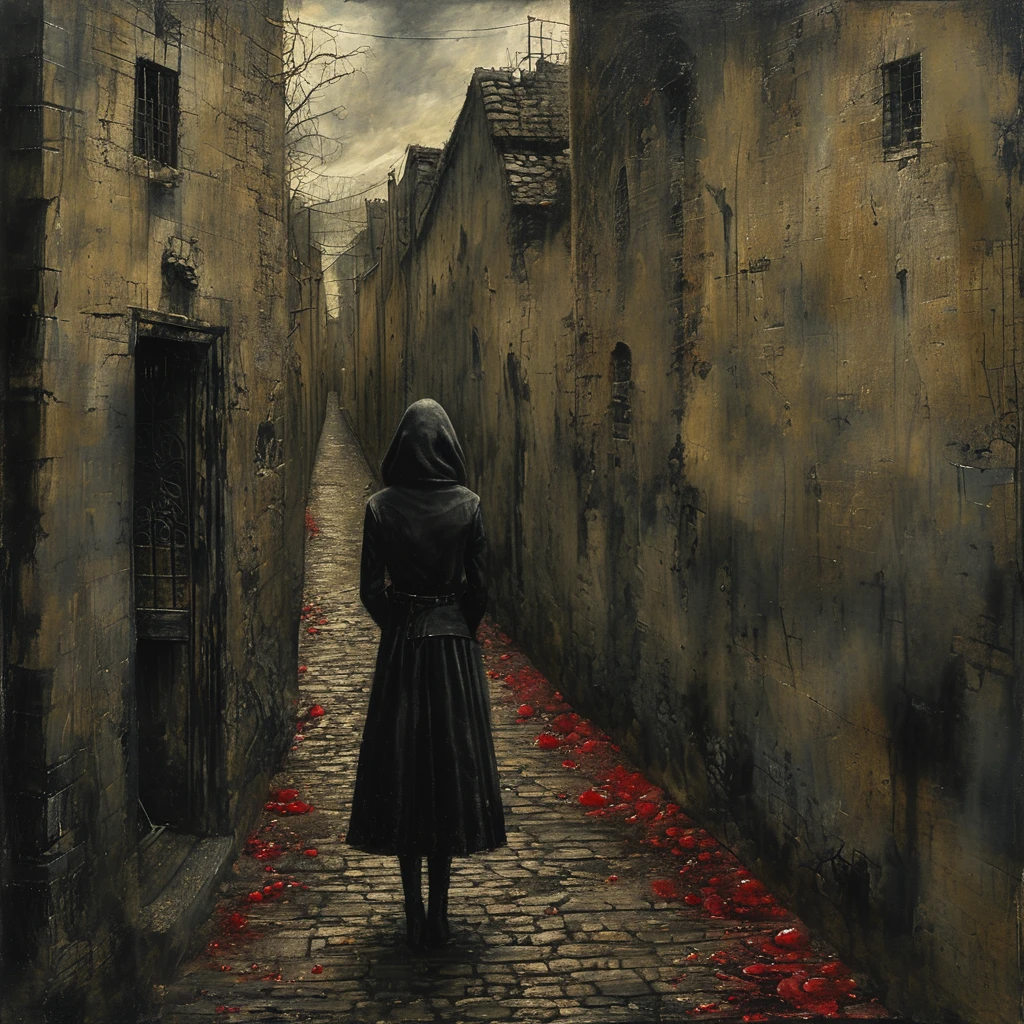 masterpiece,best quality,illustration,style of Mike Worrall, high res, ((paiting)), (front view), death metal album cover featuring a beautiful 20 years old girl, she is waiting for viewer in a dark alley with wicked intent, ((looking at viewer)), wearing a black leather jacket and spiked bracelet, ((holding a bloodied knife)), (blood on her hands) . ((night)), ((in a dark alley)), dark color palette, perfect anatomy