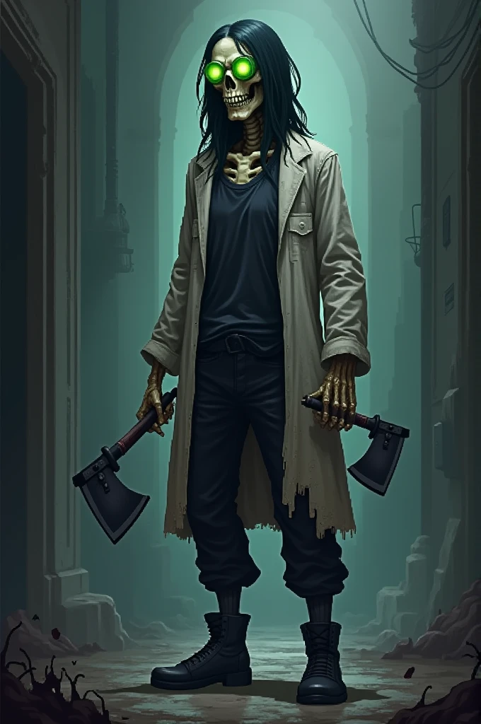 A terrifying skeleton with semi-long black hair stands in a desolate and dark place. He is very tall, and is wearing round green goggles, and is dressed in a dark, slightly torn tank top, a white lab coat, black tactical pants, boots with caps, full body, with machetes. The image is drawn in the style of a pixel art.
