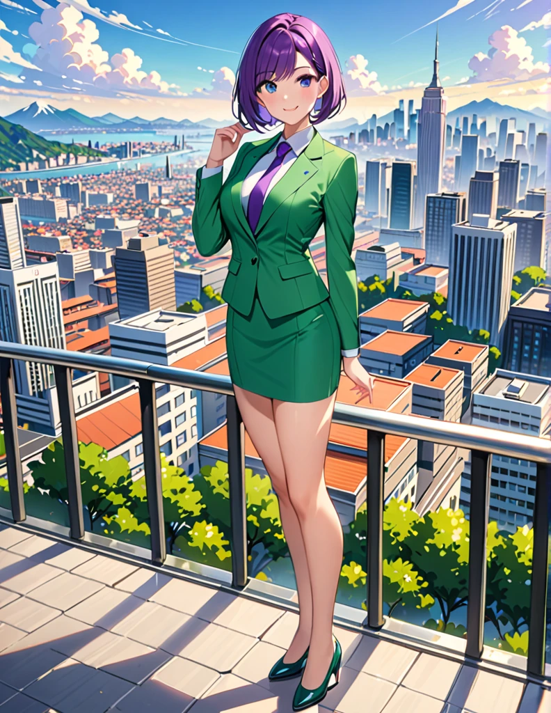 masterpiece, best quality, highres, 1girl, solo, green suit and tie, pencil skirt, miniskirt, bare legs, matching shoes, looking at viewer, city backdrop, perfect hands, perfect eyes, perfect legs, perfect arms, perfect fingers, medium breasts, standing, purple hair, short hair, bob hair, blue eyes, standing, smile, full body with costume, :d