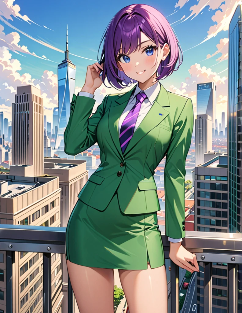 masterpiece, best quality, highres, 1girl, solo, green suit and tie, pencil skirt, miniskirt, bare legs, matching shoes, looking at viewer, city backdrop, perfect hands, perfect eyes, perfect legs, perfect arms, perfect fingers, medium breasts, standing, purple hair, short hair, bob hair, blue eyes, standing, smile, full body with costume, :d