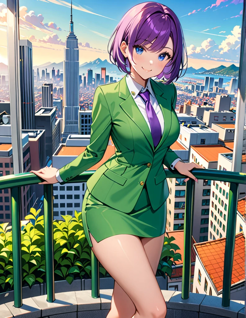 masterpiece, best quality, highres, 1girl, solo, green suit and tie, pencil skirt, miniskirt, bare legs, matching shoes, looking at viewer, city backdrop, perfect hands, perfect eyes, perfect legs, perfect arms, perfect fingers, medium breasts, standing, purple hair, short hair, bob hair, blue eyes, standing, smile, full body with costume, :d