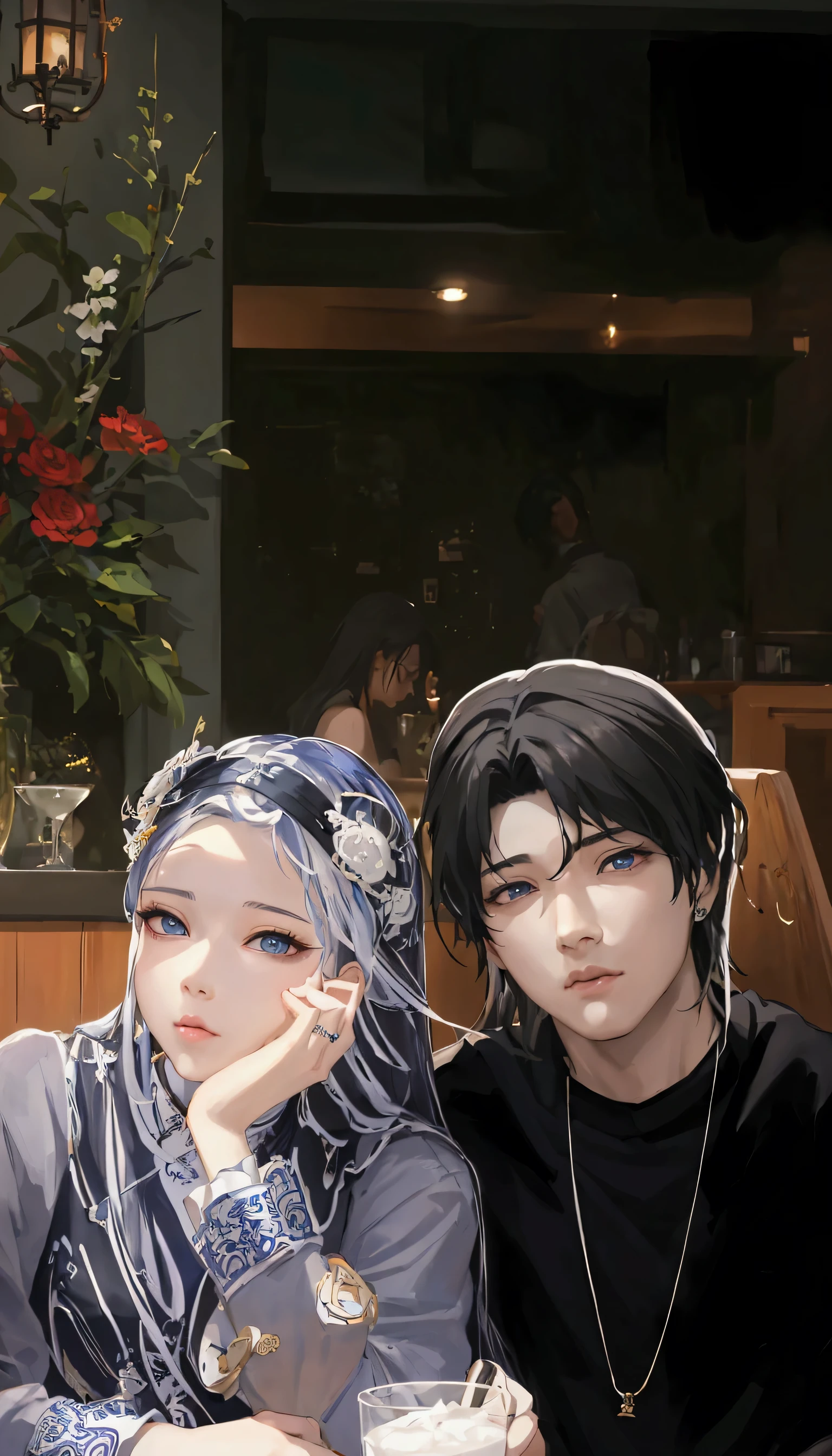 there are two people sitting at a table with a glass of milk, artwork in the style of guweiz, realism artstyle, realistic artstyle, high quality fanart, photorealistic!!!!!!! art style, kda and sam yang, realistic picture, realism art, cai xukun, realistic art, lovely couple, [ realistic photography ], official fanart, realistic background