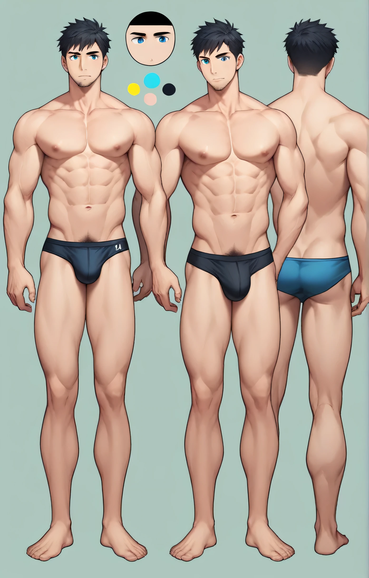 1boy, single, reference sheet, character design, front angle, side angle, left side angle, right side angle, dynamic poses, (masterpiece:1.2), (best quality:1.3), (reference sheet:1.5), adult anime male, huge man, very tall man, masculine body, muscle body, muscle tall male, athletic body, muscle builder, muscle, bulky body, giant, Bara, 6ft. male, (Blue eyes), (short hair), (short bangs), (black hair), (pale skin), (pale skin color), beard, naked, naked men, nude, nsfw, handsome, wide chest, string underwear, speedo, huge hips, wide hips, daddy, barefoot, not wearing pants, rugged, 40 years old, pubic hair, big bulge 