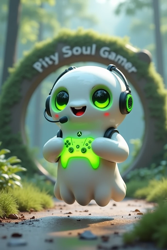 Create a medium-sized robot pet with a ghost-like appearance. With slightly rounded shapes resembling a drop. On your hands you have well defined fingers. His facial expression has large, green eyes with a glow, conveying a friendly and cheerful expression. He has a small open mouth with a happy smile and flushed cheeks.. Its body is white with small green details and a smooth, slightly shiny texture.. He has a headset on his head with an adjustable microphone positioned close to his mouth.. And on his chest you can see the illuminated shape of a Playstation 5 controller in fluorescent green.. It floats in the air, as if he were ready for an adventure. Behind the character you can see a portal and on it is written "Soul Gamer"