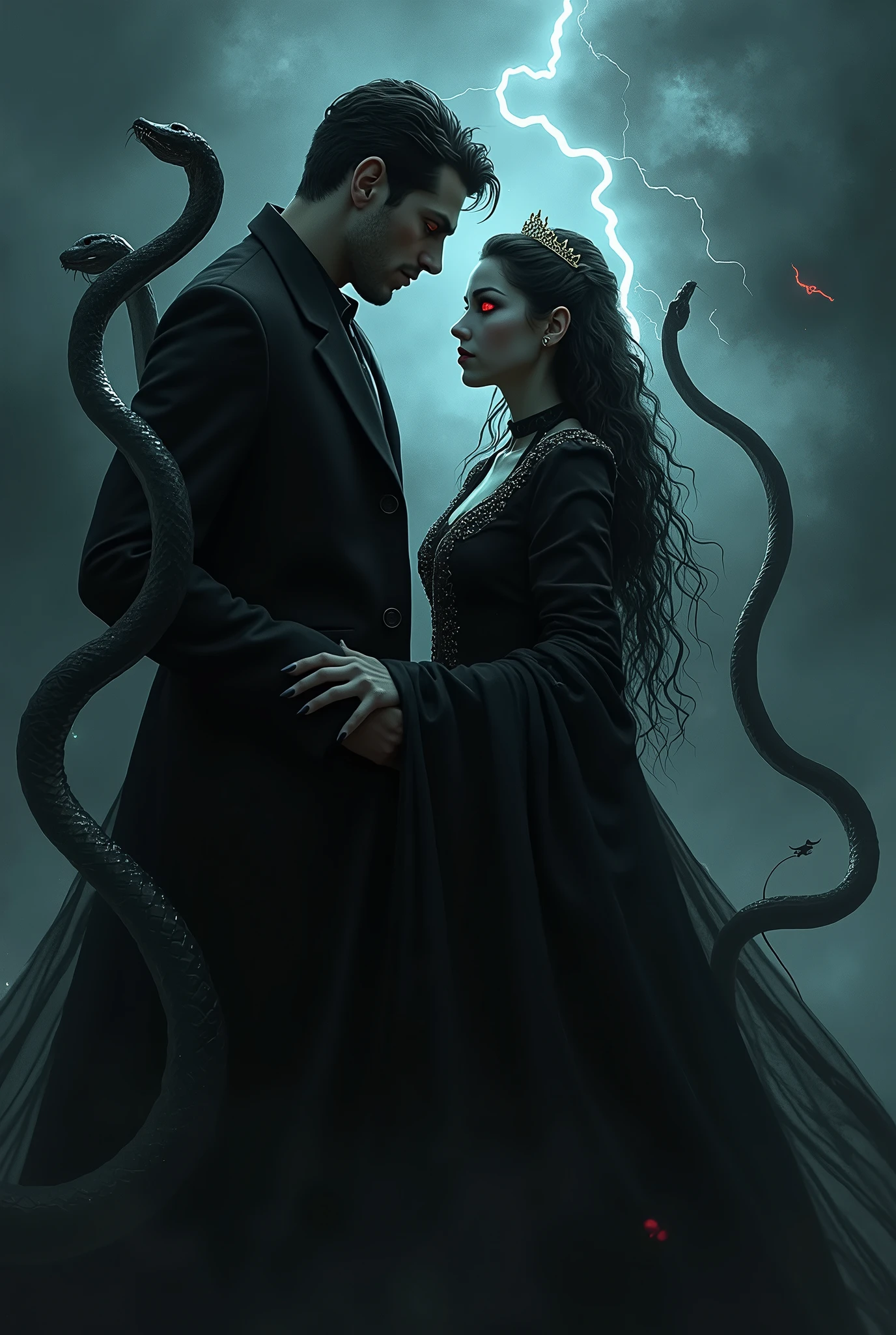 A dark, symbolic scene depicting a man and woman influenced by the Jezebel spirit. The man has a cold, controlling expression, with shadows and serpents coiling around him. His eyes faintly glow with a manipulative light. The woman, dressed in sinister, regal attire, has a haughty, cunning look, her eyes glowing red. Ghostly hands reach from the shadows around her, symbolizing control. Both figures emanate an eerie glow, set against a stormy, lightning-filled sky, representing their spiritual co