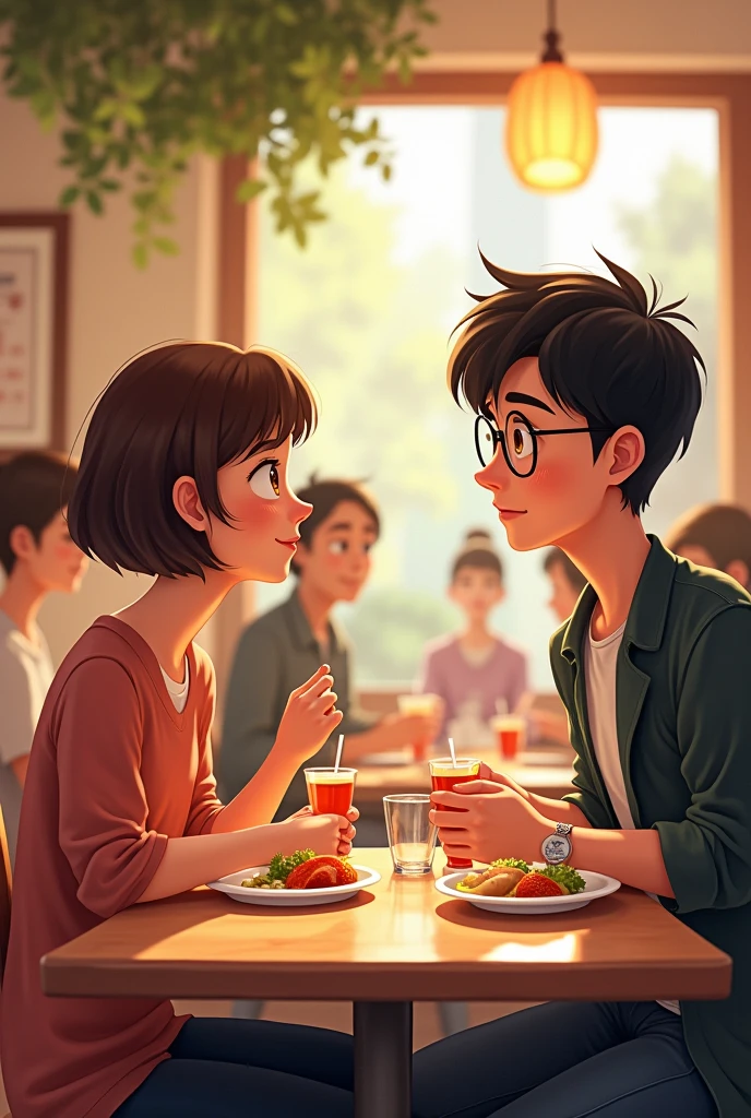 Make a 20 year old girl, short and brown hair and a tall boy, Tez blanca, black hair and glasses sitting in a restaurant while having lunch and chatting in 2d animation