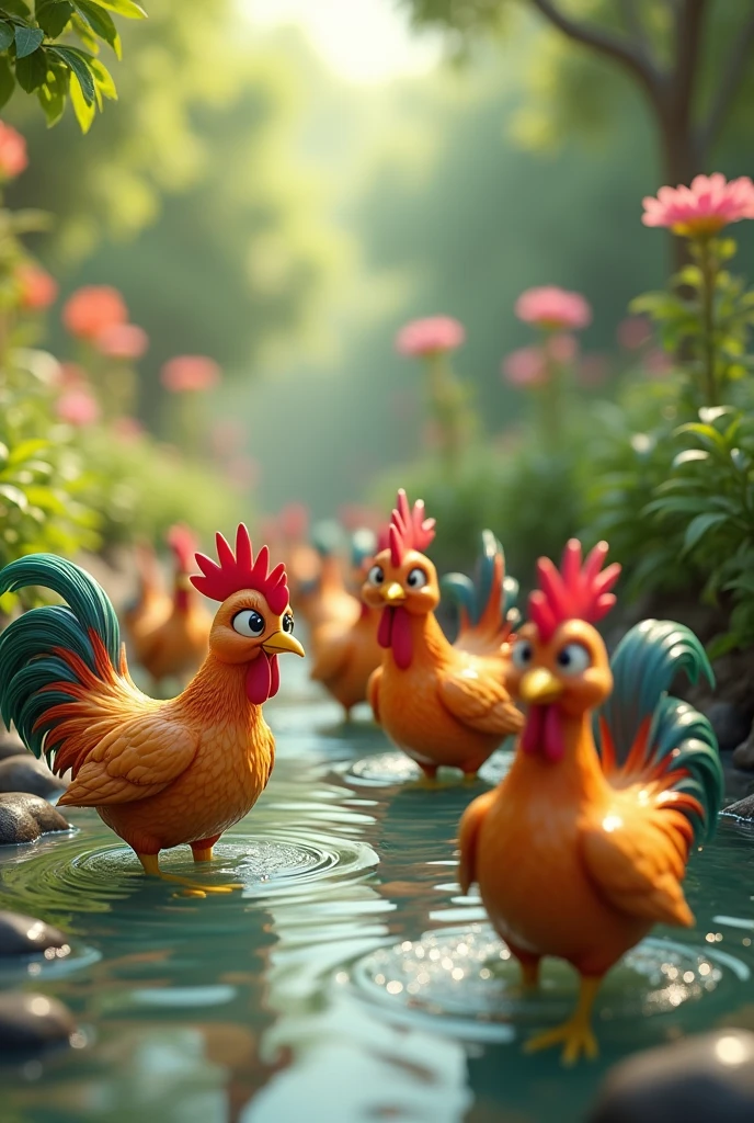 several colorful chickens in the stream, 3D cartoon style, cinematic