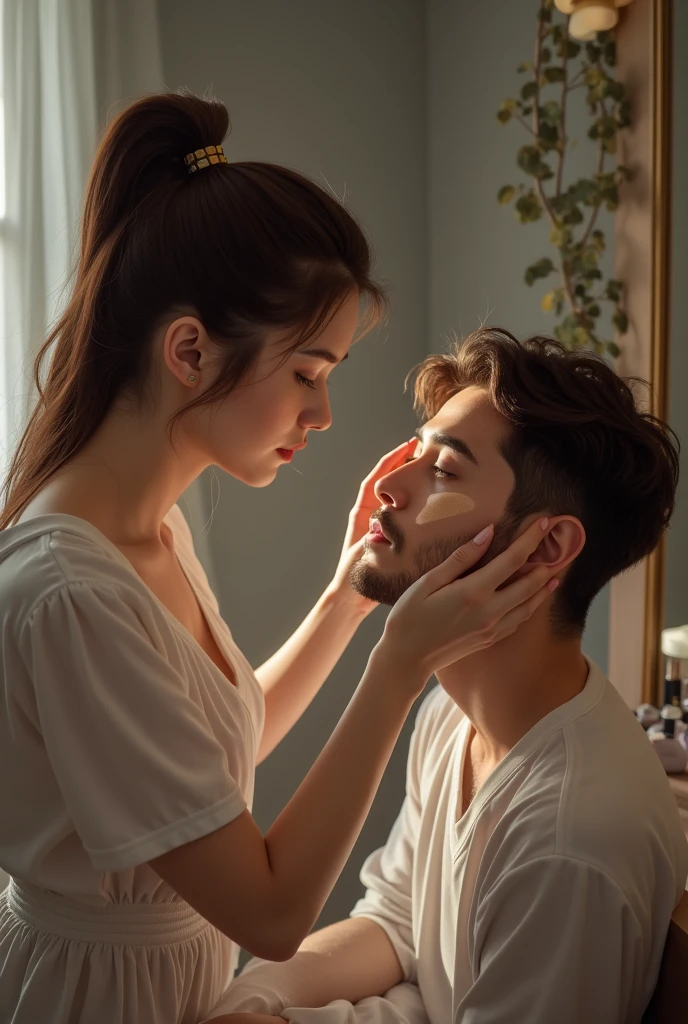 create an image of a woman putting makeup on a man
