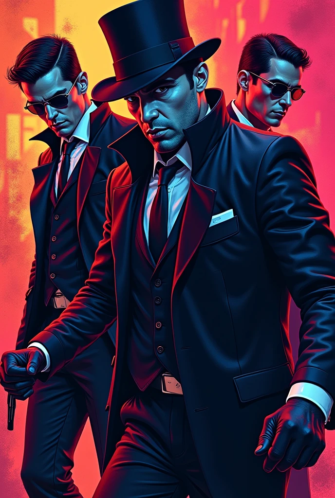 Pop ART style drawings of men dressed as villains in dark clothes committing crimes