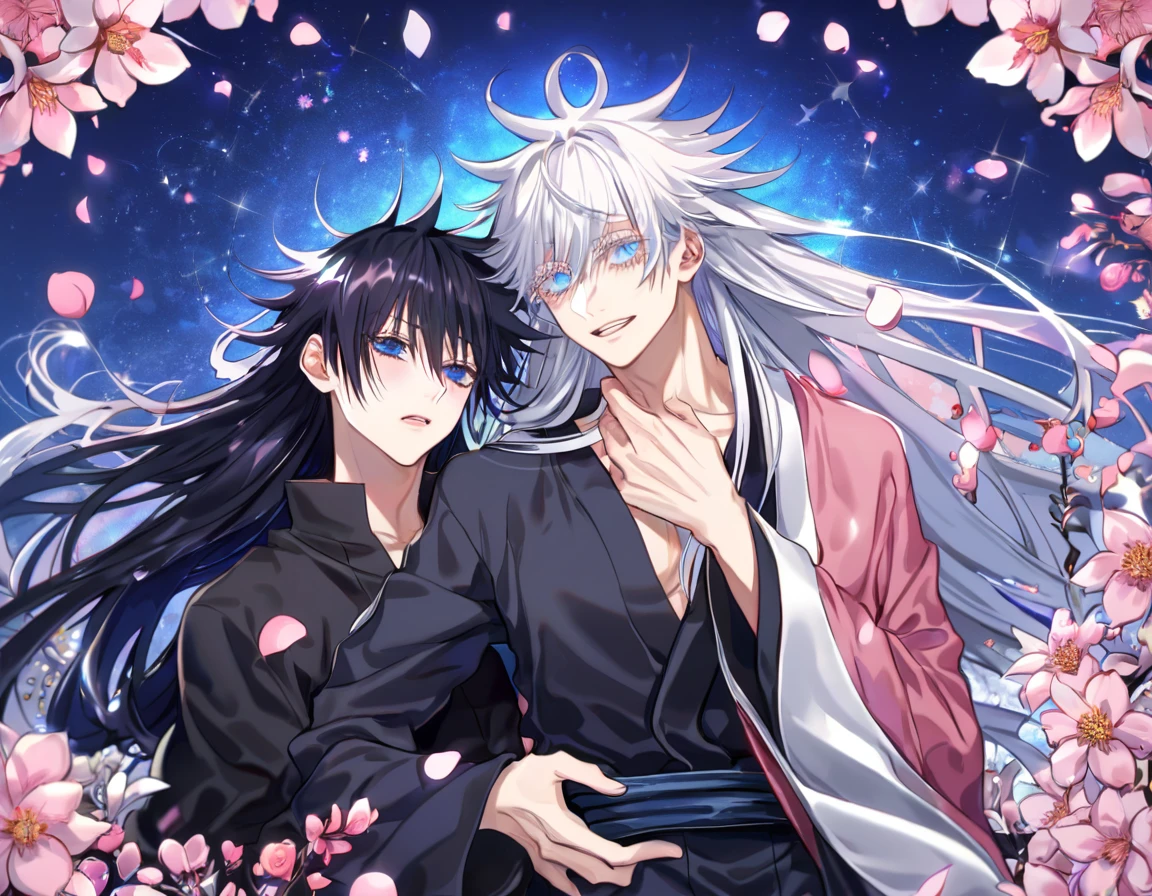 Ultra detailed, Highres, absurdres, HDR, master piece, Gojou Satoru, white hair, long hair, expressive blue eyes, white eyelashes, Fushiguro Megumi with long hair, black hair, expressive blue eyes, Jujutsu Kaisen, two sexy men together, gay couple, yaoi, pink flowers, pink petals, glittering, blue sky, black Chinese robes, pink Chinese robes, accessories,