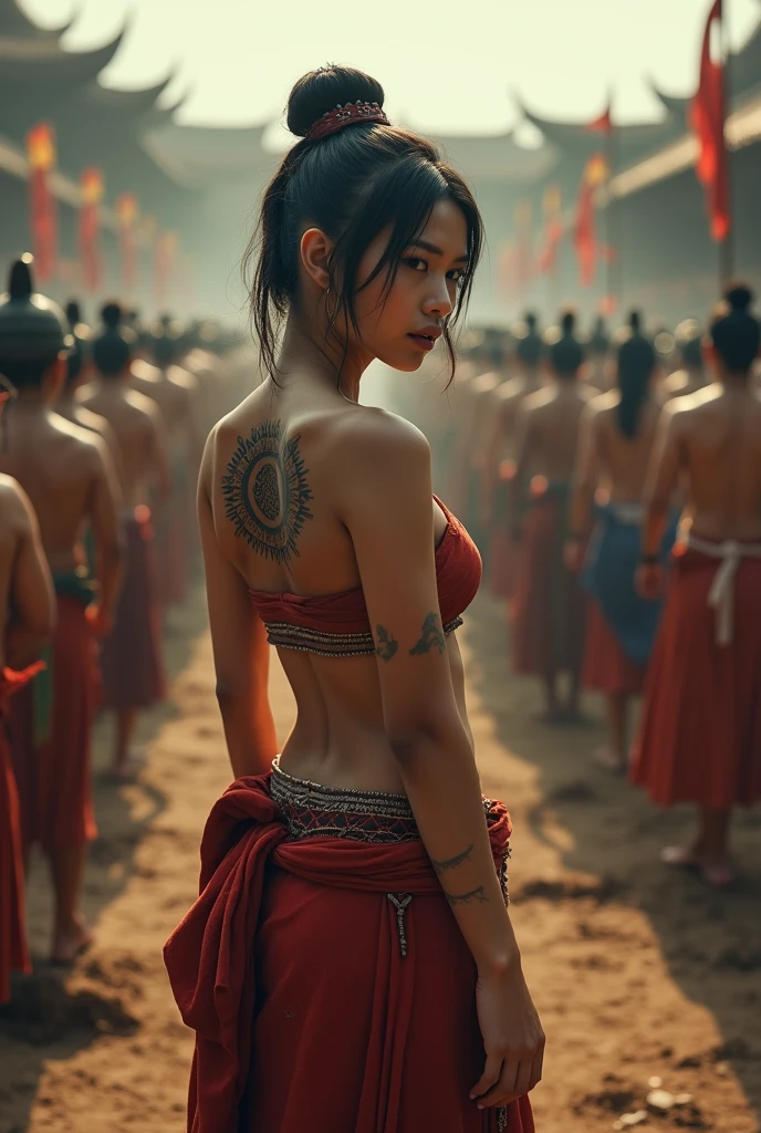 Portrait of Abigail: , (Asian woman), (Ancient female priest), ((Thai face)), (beautiful), (Country girl), (detailed face), ((naked)) , ((Turn your back.)), ((เห็นแผ่นหลังและก้นที่beautifulงาม)), ((wearing thai traditional loincloth)) , with beautiful and intense facial features , surrounded by many warriors fighting and many injured or fallen. The scene is strong and intense , short hair, สาวbeautifulมีกล้ามหน้าท้องเพรียวบาง: 1.4, Six pack abs: 1.4, Chest Botox, small, perfect athlete body, (There is a yantra tattoo.), slim, (See the legs), legs details, (Barefoot), ((see full body)) , ((Turn your face and stare at the audience.)), (proportional figure) , ((performing a ritual to worship an ancient deity , in an outdoor ceremony, wide-angle view, with many people attending the ritual , (Outdoor ritual), with many people attending the ritual)), (wide angle) , very detailed image, realistic, Highly detailed, perfect composition , beautiful, There are complicated details., Incredible detail , Artistic photography in 8k, There are too many details., Masterpiece