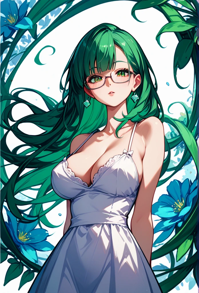 Zenin Maki with green hair and glasses, big breasts, (cleavage), thick thighs, standing, arms behind back, sundress, fine details. best anime 4k konachan wallpaper, beautiful anime portrait, stunning anime, detailed portrait, The background is a vintage floral-patterned wallpaper that complements the artwork's colors. The line work is precise, with delicate shading that gives the illustration a 3D quality, ornate floral background, (green hair), , 
