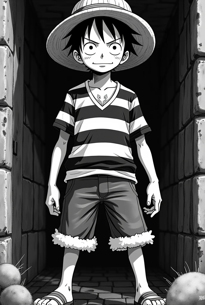 Monkey D. Luffy in prison uniform black and white striped long sleeve with black and white striped prison uniform hat Original anime One Piece