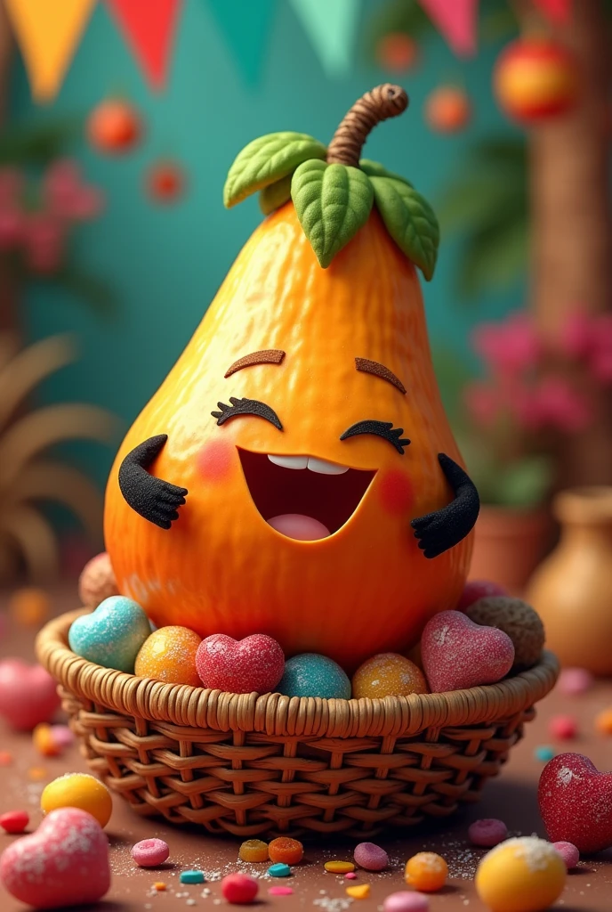 image of a brown tamarind, smiling, standing in a basket with sweets of another kind, with Mexican party background