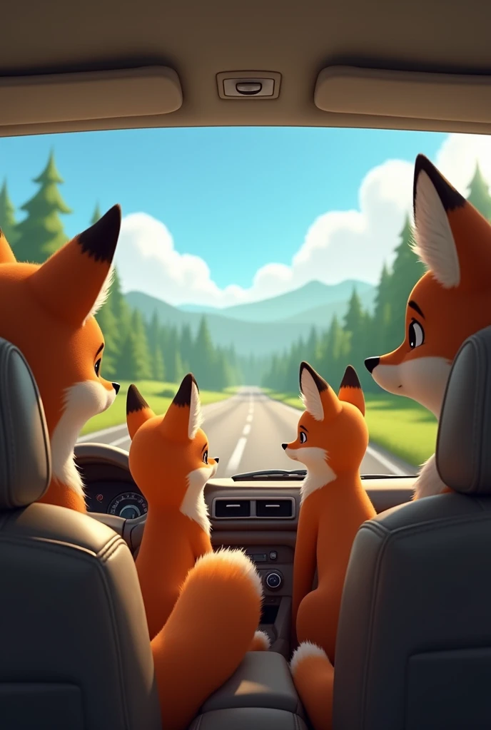 Male child fox sits in the back of the car and his fox parents sit in the front of the car. Are on the journey