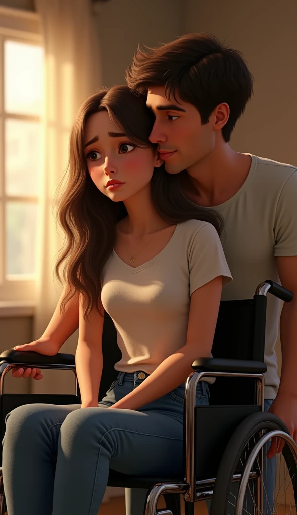 A sad georgous young woman with brown hair and white t-shirt and jeans setting on a wheelchair talking to her handsome boyfriend at home, pixar , cinematic masterpiece aesthetic, realistic