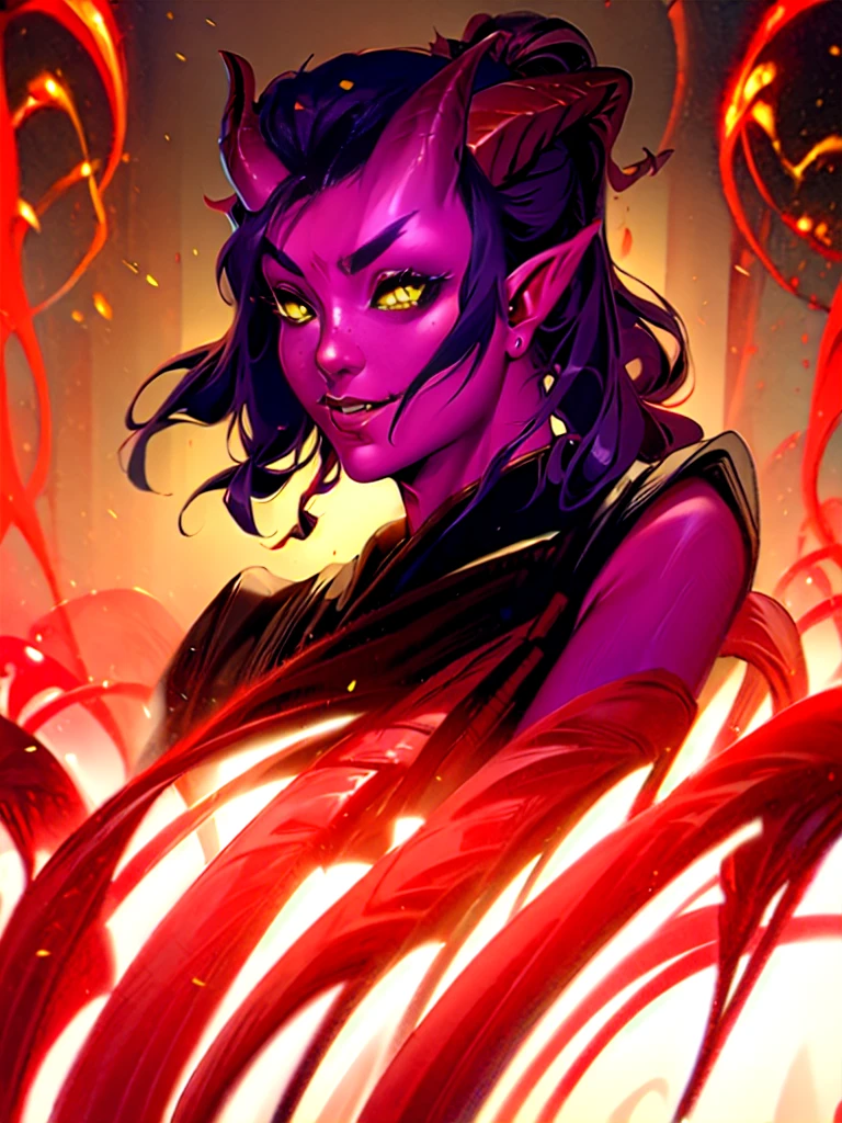 highres, masterpiece, perfect lighting, cinematic lighting, adult, 1 girl, female, looking at viewer, (RSEEmma:1.5),tiefling, ((red colored skin)), (black horns, demon horns, oni horns, dragon horns), long flowing devil tail, red skin, pointy ears, side-swept bangs, black hair, red IncursioDipDyedHair, messy mid ponytail, yellow eyes, thick eyebrows, freckles, smile, black robe, fire in background, detailed face, face focus