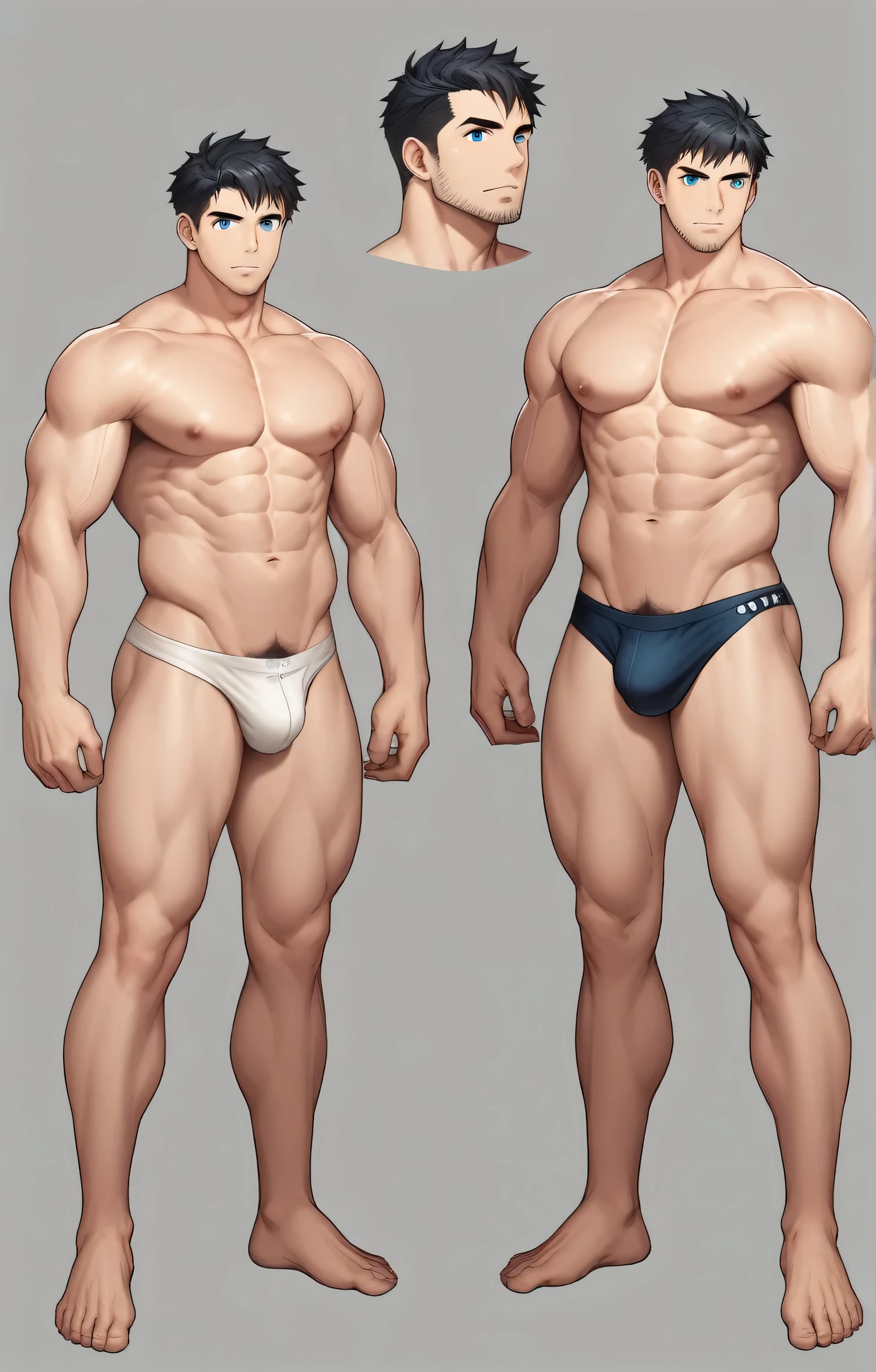 1boy, single, reference sheet, character design, front angle, side angle, left side angle, right side angle, dynamic poses, (masterpiece:1.2), (best quality:1.3), (reference sheet:1.5), adult anime male, huge man, very tall man, masculine body, muscle body, muscle tall male, athletic body, muscle builder, muscle, bulky body, giant, Bara, 6ft. male, (Blue eyes), (short hair), (short bangs), (black hair), (pale skin), (pale skin color), beard, , naked nude, nsfwndsome, wide chest, string underwear, speedo, huge hips, wide hips, daddy, barefoot, not wearing pants, rugged, 40 years old, pubic hair, big bulge