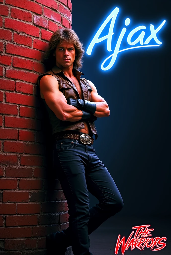 film The Warriors 1979 Stylized poster featuring a man (James Remar) leaning against a red brick wall. The man has white skin, shoulder-length hair and a dark gigachad face with a serious expression. He is wearing a sleeveless brown leather vest, classic retro black genuine leather gloves, middle finger gloves, a black belt with a large buckle and dark pants. His arms are crossed with his foot resting on the wall. The background is a dark blue to black gradient, transitioning into the red brick wall. The word 'AJAX' is displayed in bright blue neon letters in the top right corner. In the bottom right corner there is a logo
red color, with the text in red graffiti style font ‘The Warriors’