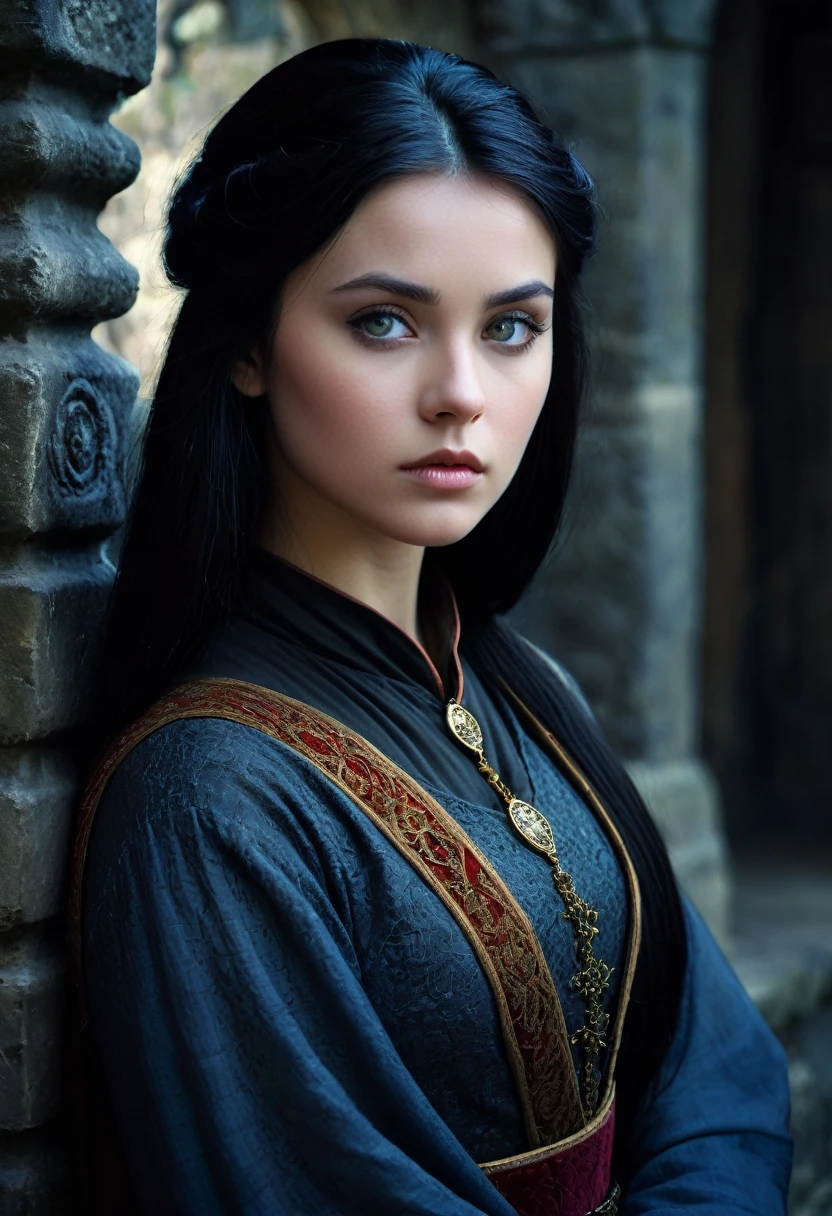 a beautiful 1 girl with straight black hair,fair skin,light eyes,cold gaze,medieval setting,cold atmosphere,grainy filter,detailed,film photography,1girl,portrait,medieval,royalty,fantasy,digital art,cinematic lighting,dramatic lighting,mood lighting,dramatic pose,graceful,elegant,regal,noble,serious expression,thoughtful,contemplative,pensive,dramatic,cold,moody,haunting,ethereal,otherworldly,mystical,mysterious,intricate details,high quality,hyperrealistic,cinematic,masterpiece,award winning