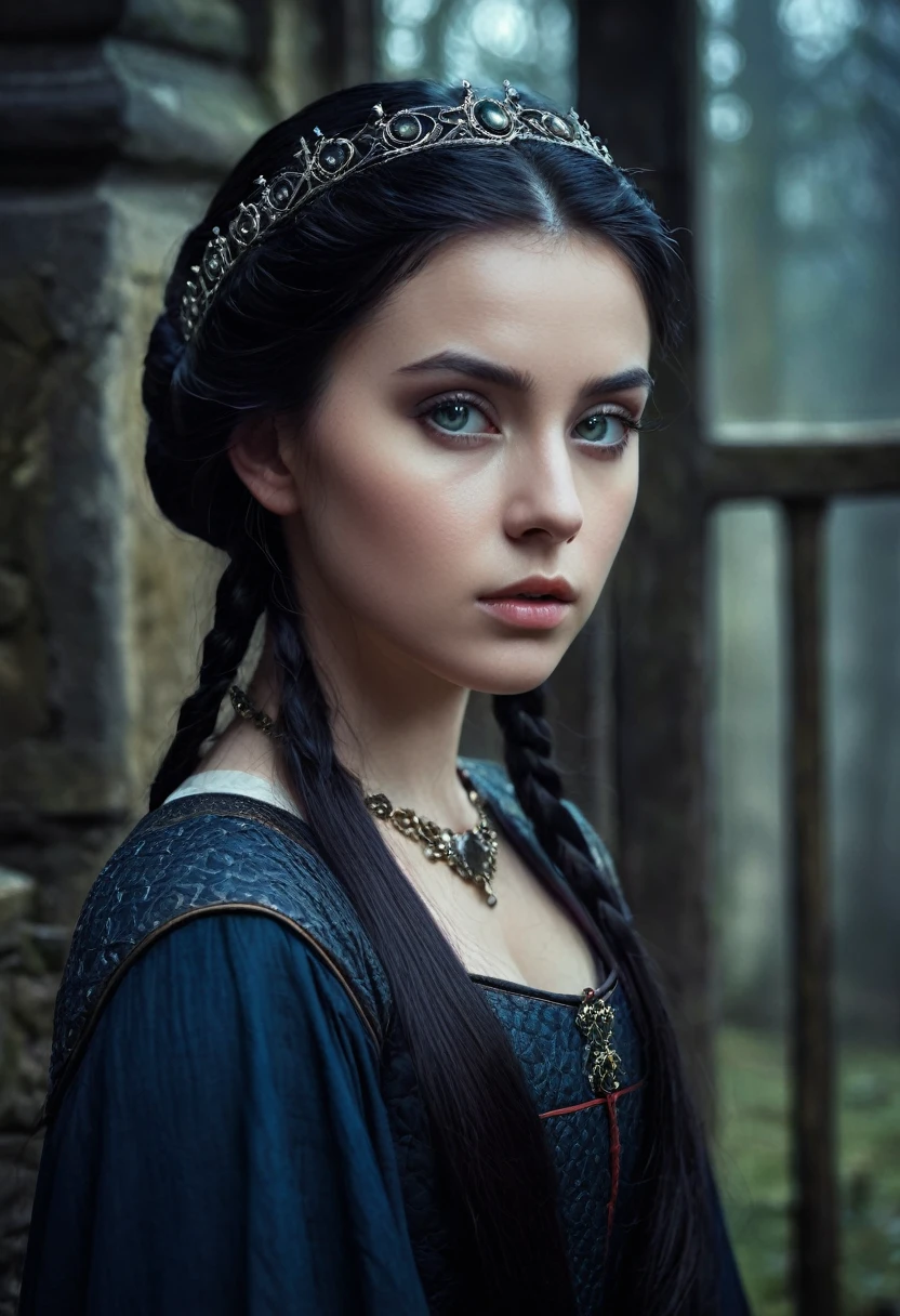 a beautiful 1 girl with straight black hair,fair skin,light eyes,cold gaze,medieval setting,cold atmosphere,grainy filter,detailed,film photography,1girl,portrait,medieval,royalty,fantasy,digital art,cinematic lighting,dramatic lighting,mood lighting,dramatic pose,graceful,elegant,regal,noble,serious expression,thoughtful,contemplative,pensive,dramatic,cold,moody,haunting,ethereal,otherworldly,mystical,mysterious,intricate details,high quality,hyperrealistic,cinematic,masterpiece,award winning